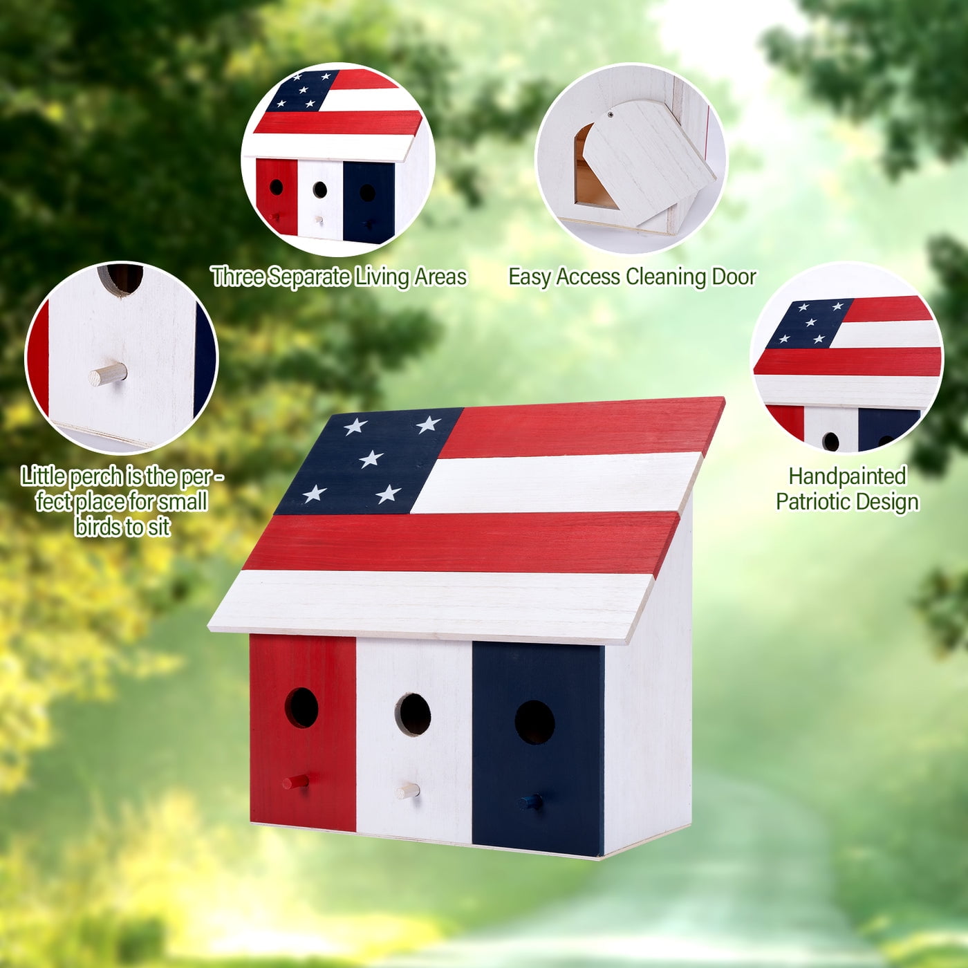 14" Americana 3 compartment Wood Birdhouse