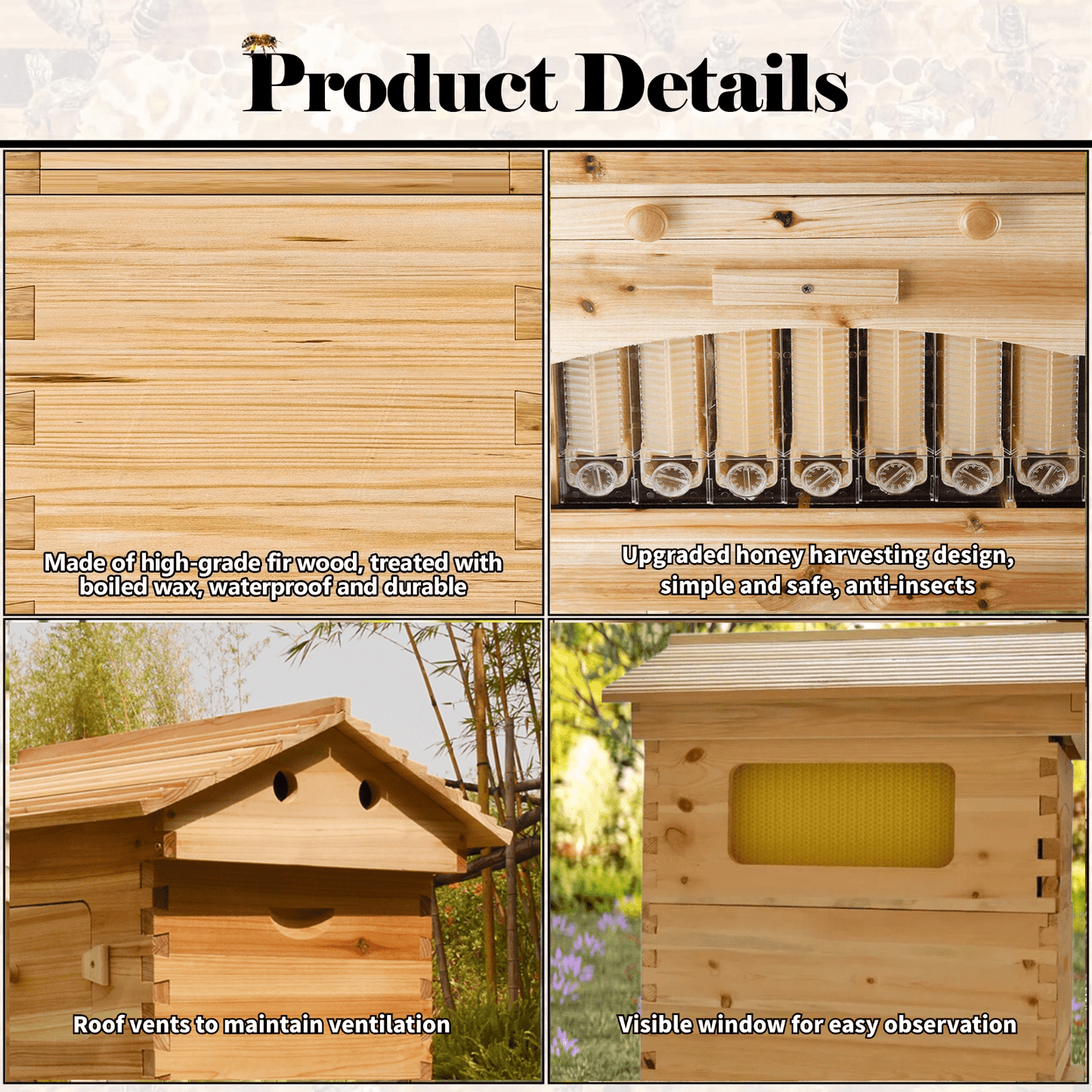AUSHIVE Home of the Bees Decorative Cedarwood Bee Habitat Combo Pack with 7 Automatic Hive Frames, Wood Colour