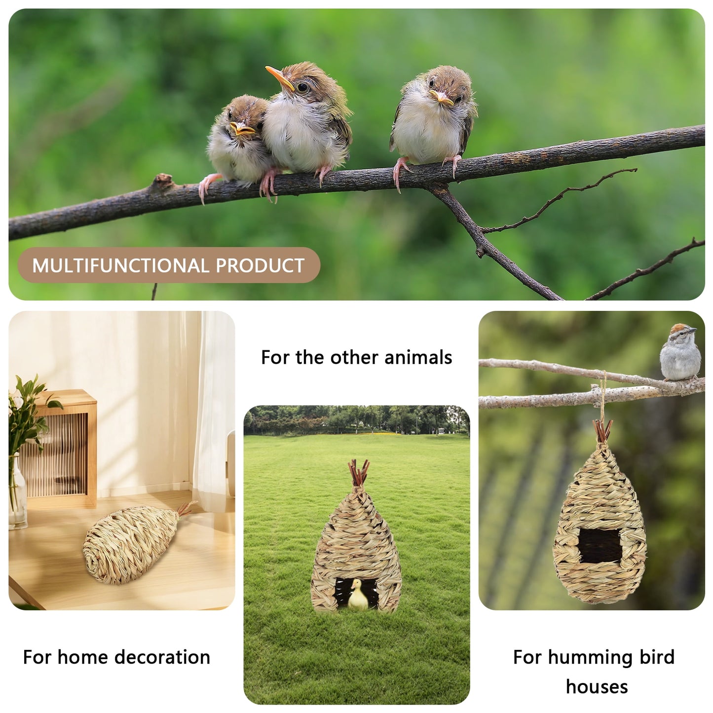2PCS Hand Woven Hummingbird House,Bird Hut and Hummingbird Houses Nest, Small Hanging Bird & Chickadee House for Finch & Canary in Outdoor
