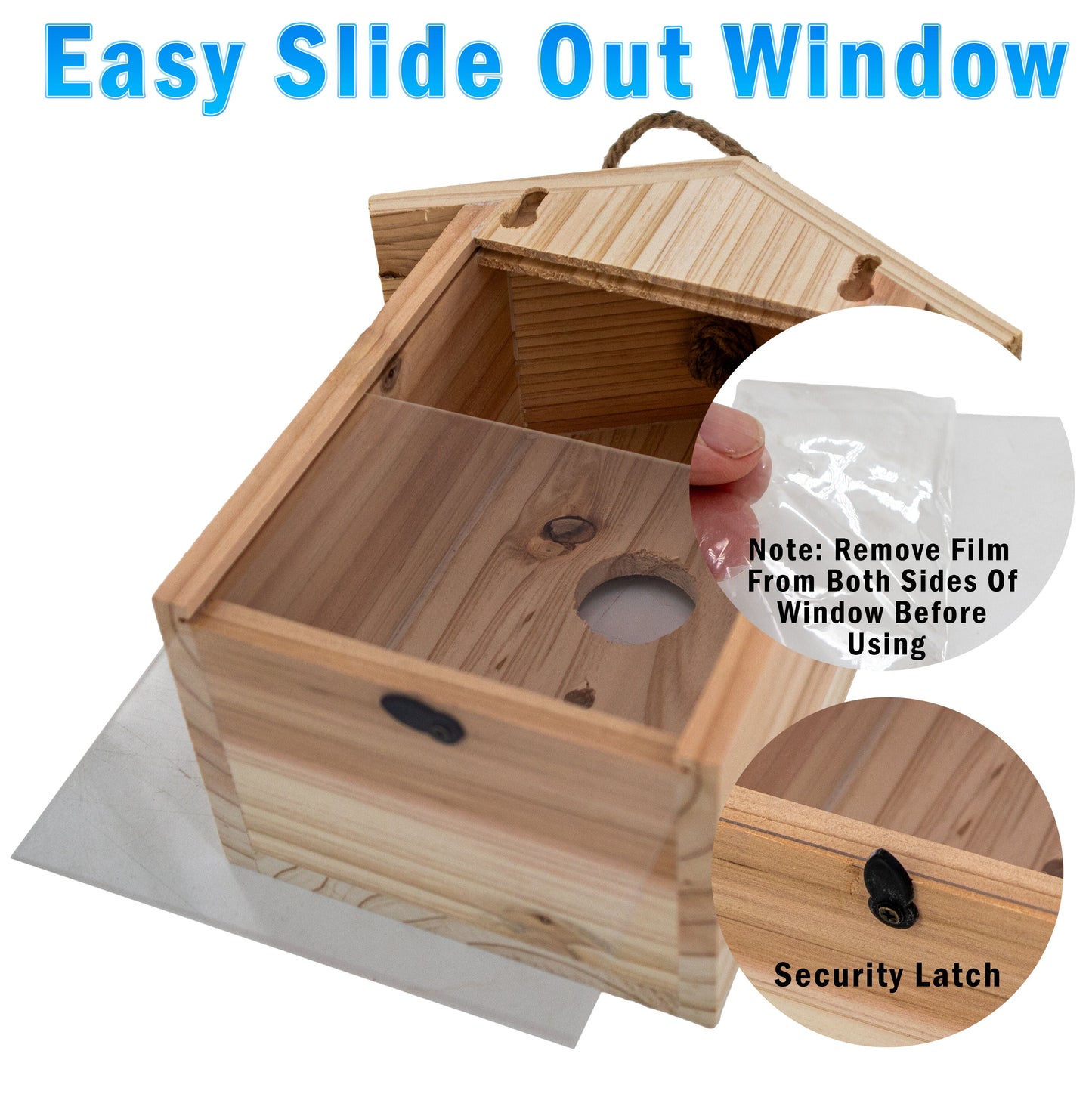 See Through Wooden Window Bird house w/ Large Suction Cups, Hanging Lanyard Rope Birdhouse, Easy Clean Spy Window Bird Nest Box - Outdoor Bird Watching, Backyard Bird Shelter