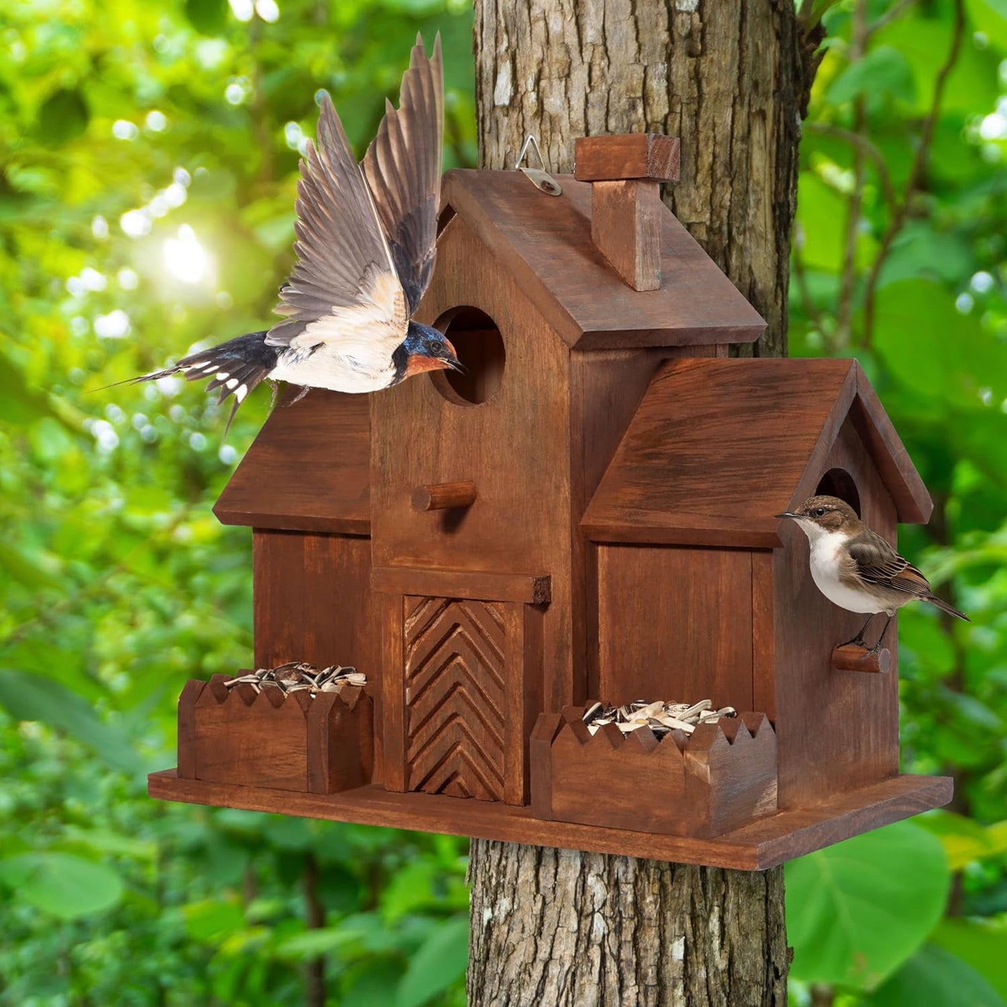 VASGOR Bird Houses for Outside with Bird Feeder, Outdoor 3 Hole Bird House Room for 3 Bird Families Bluebird Finch Cardinals Hanging Birdhouse for Garden