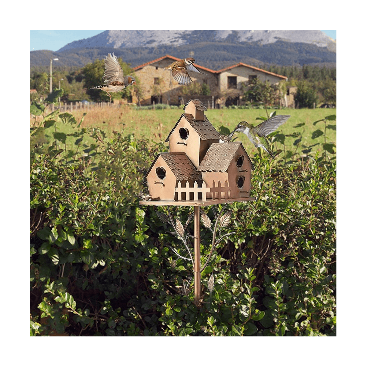 Garden Bird House with Pole Metal Bird Feeders Garden Stakes Bird Houses for Courtyard Backyard Patio Outdoor Style E