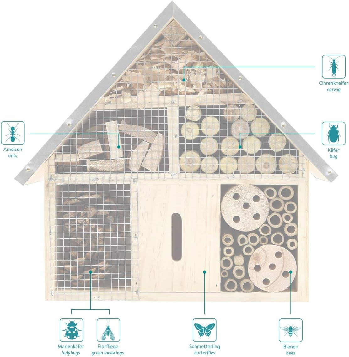 Navaris M Wooden Insect Hotel - 10 x 11 x 3 Inches - Natural Wood Insect Home Bamboo Nesting Habitat - Garden Shelter for Bees, Butterflies, Ladybugs