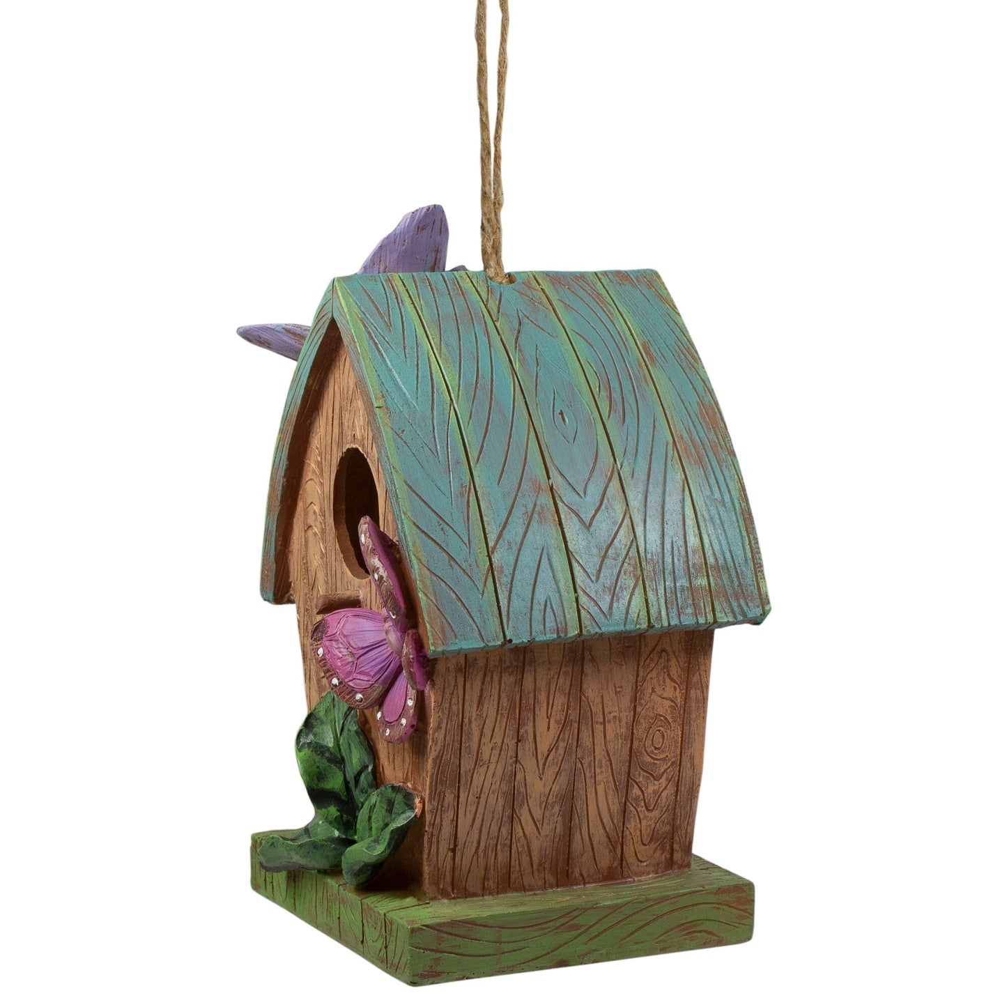 10" Brown and Green Hanging Birdhouse with Butterflies Outdoor Garden Decor
