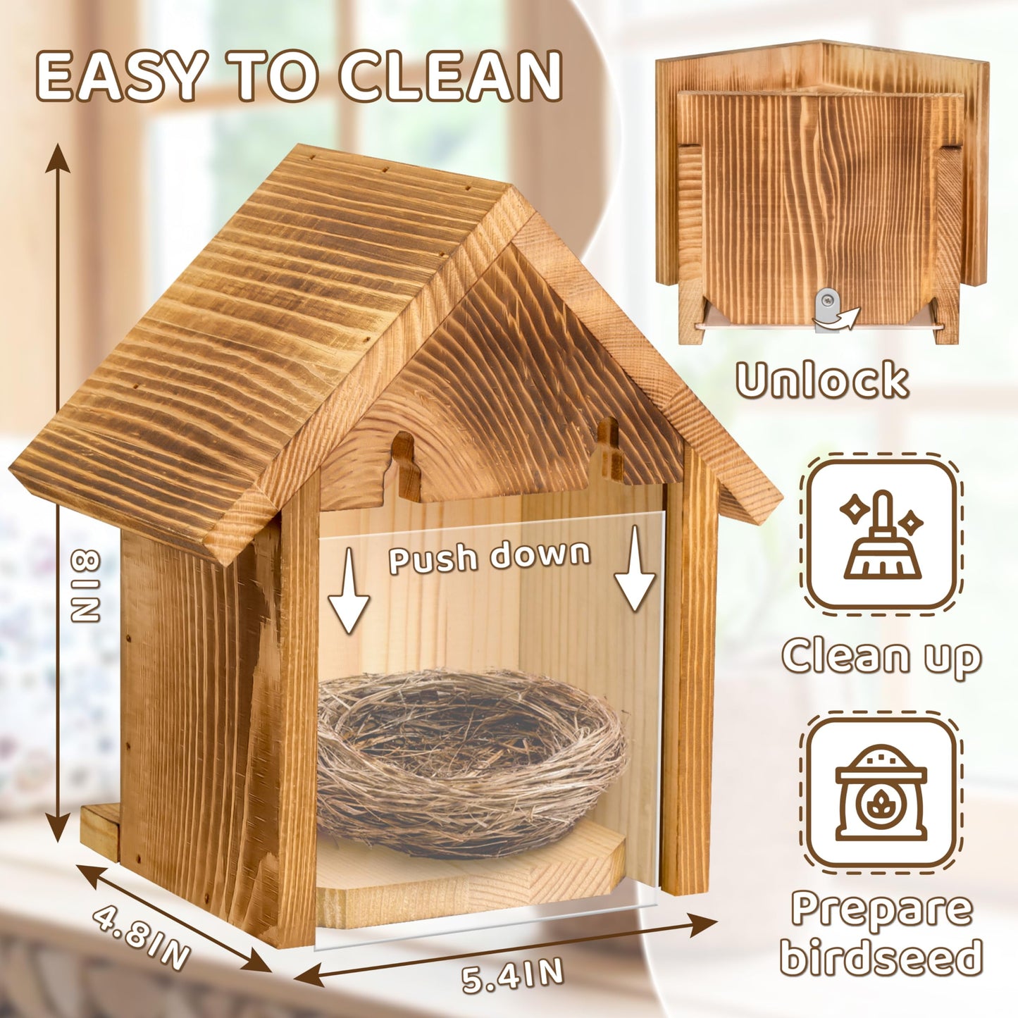 Window Bird Houses for Outside with 2 Powerful Hooks, Clear Window Bird House for Viewing Inside, Hanging Wooden Birdhouses to Paint for Outdoors, Bird Nesting Box for Bluebird Finch Chickadee