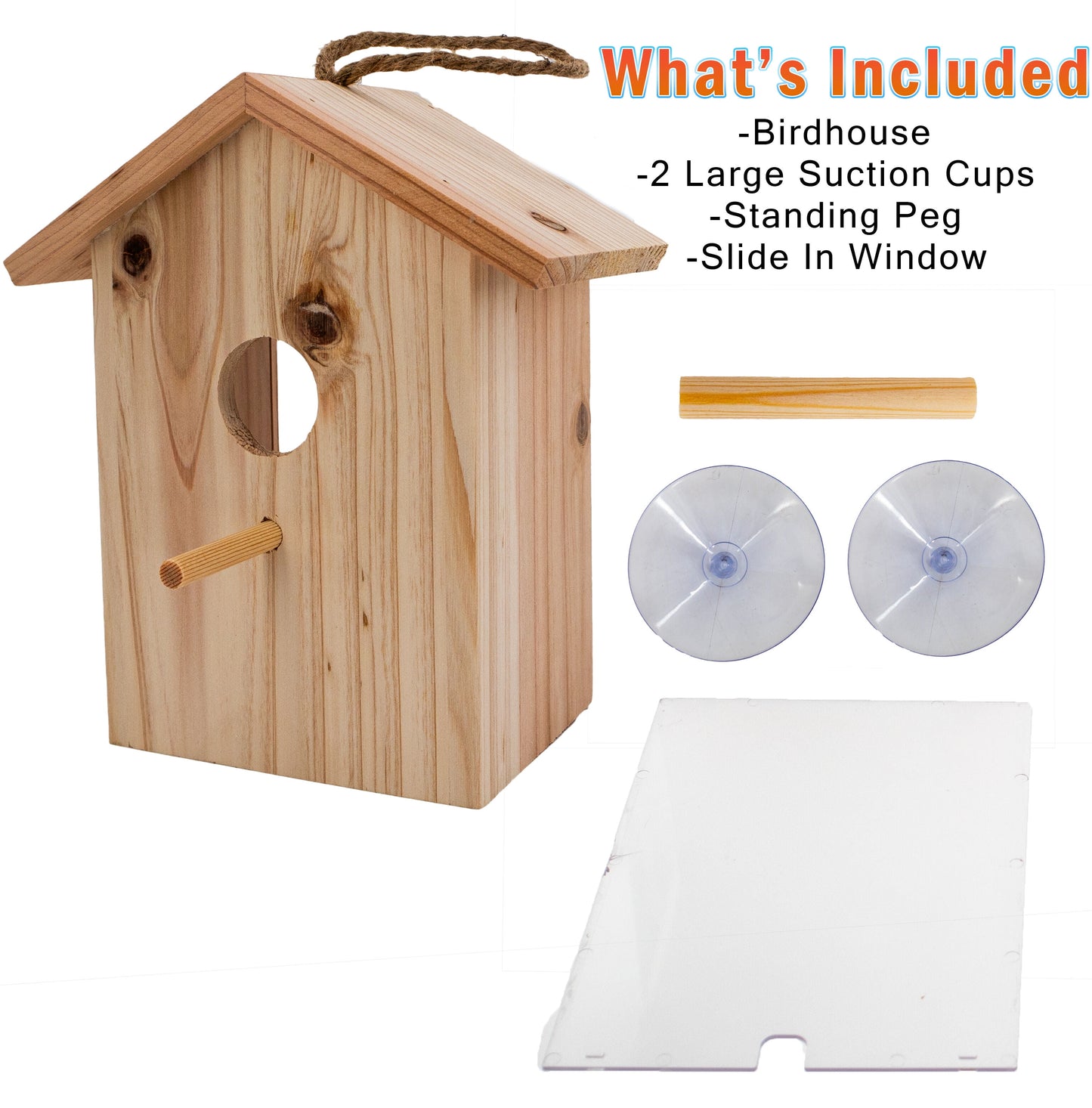 See Through Wooden Window Bird house w/ Large Suction Cups, Hanging Lanyard Rope Birdhouse, Easy Clean Spy Window Bird Nest Box - Outdoor Bird Watching, Backyard Bird Shelter