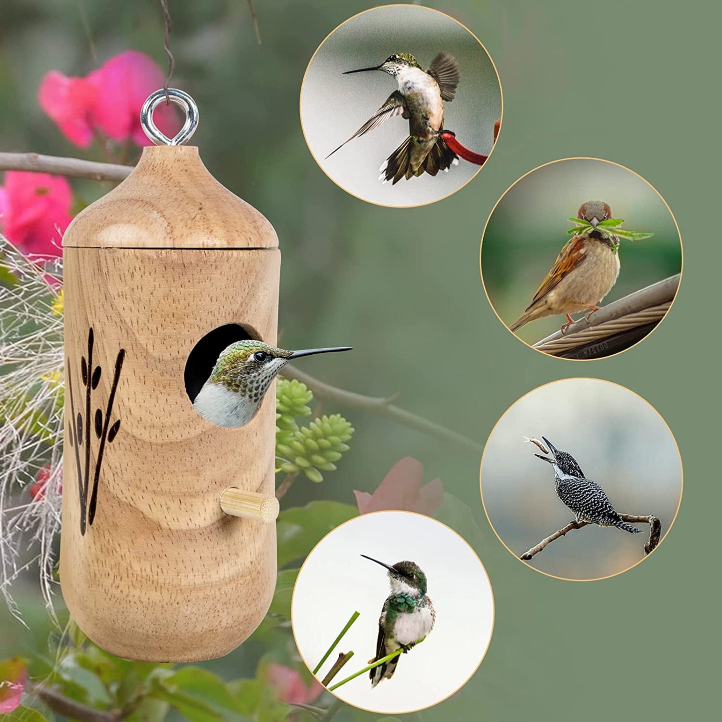 DERCLIVE 3Pcs Natural Wood Hummingbird House,Outside Hummingbird Houses, Hanging Hummingbird Nest for Nesting