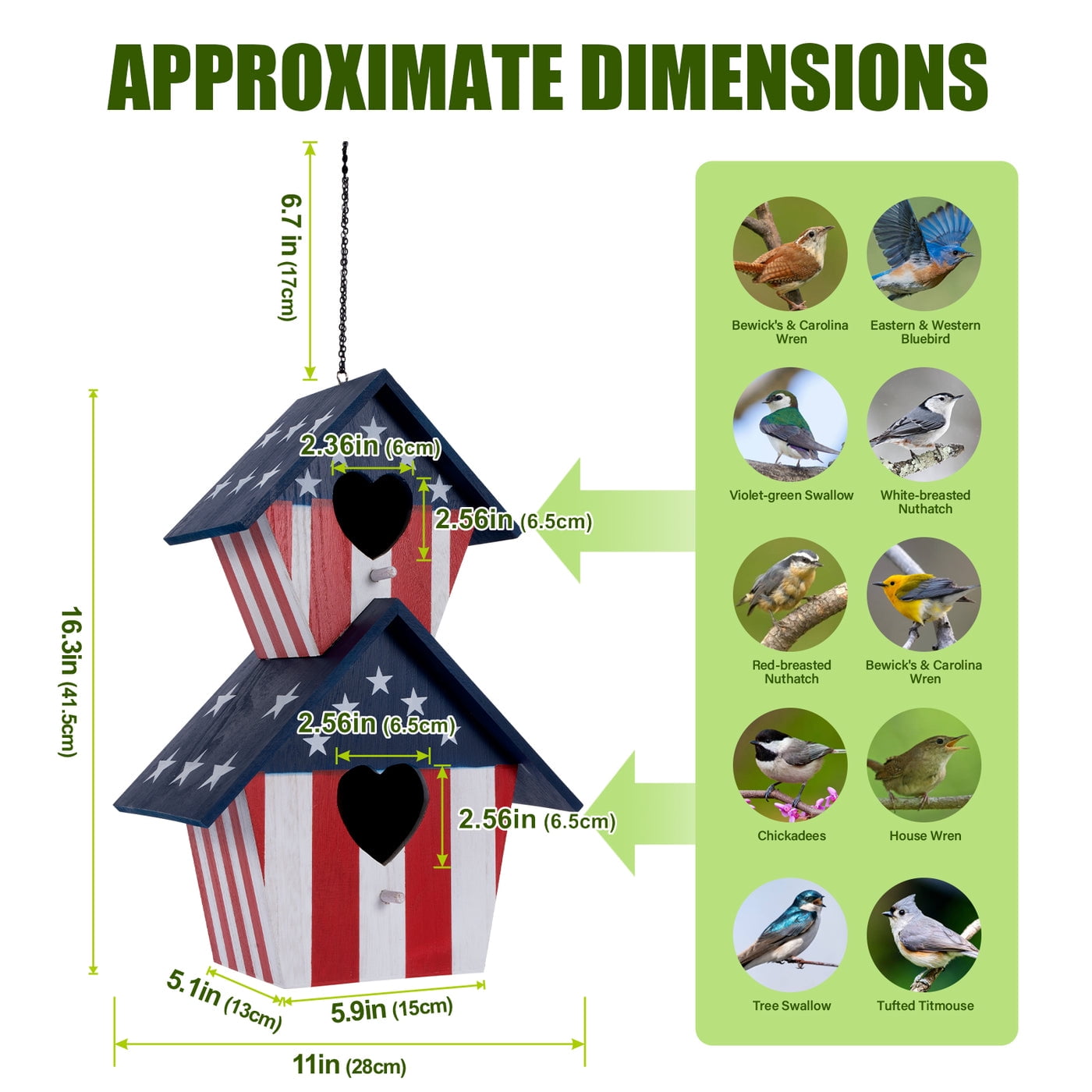 16" Americana 2 compartment Wood Birdhouse