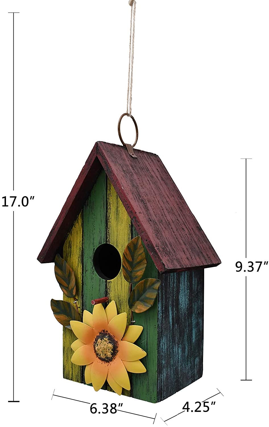 Attraction Design Rustic Decorative Bird House for Outside, Outdoor Hanging Wood Hand-Painted Bird House with Sunflower Decor, Wooden Hanging Garden Birdhouse Porch Yard Decor 9.37" x 6.38" x 4.25" (Red)
