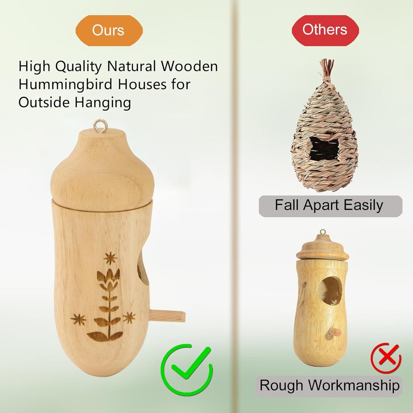3 Pack Hummingbird House, Natural Wooden Hummingbird Houses Hanging, Home Gardening Gifts Decoration