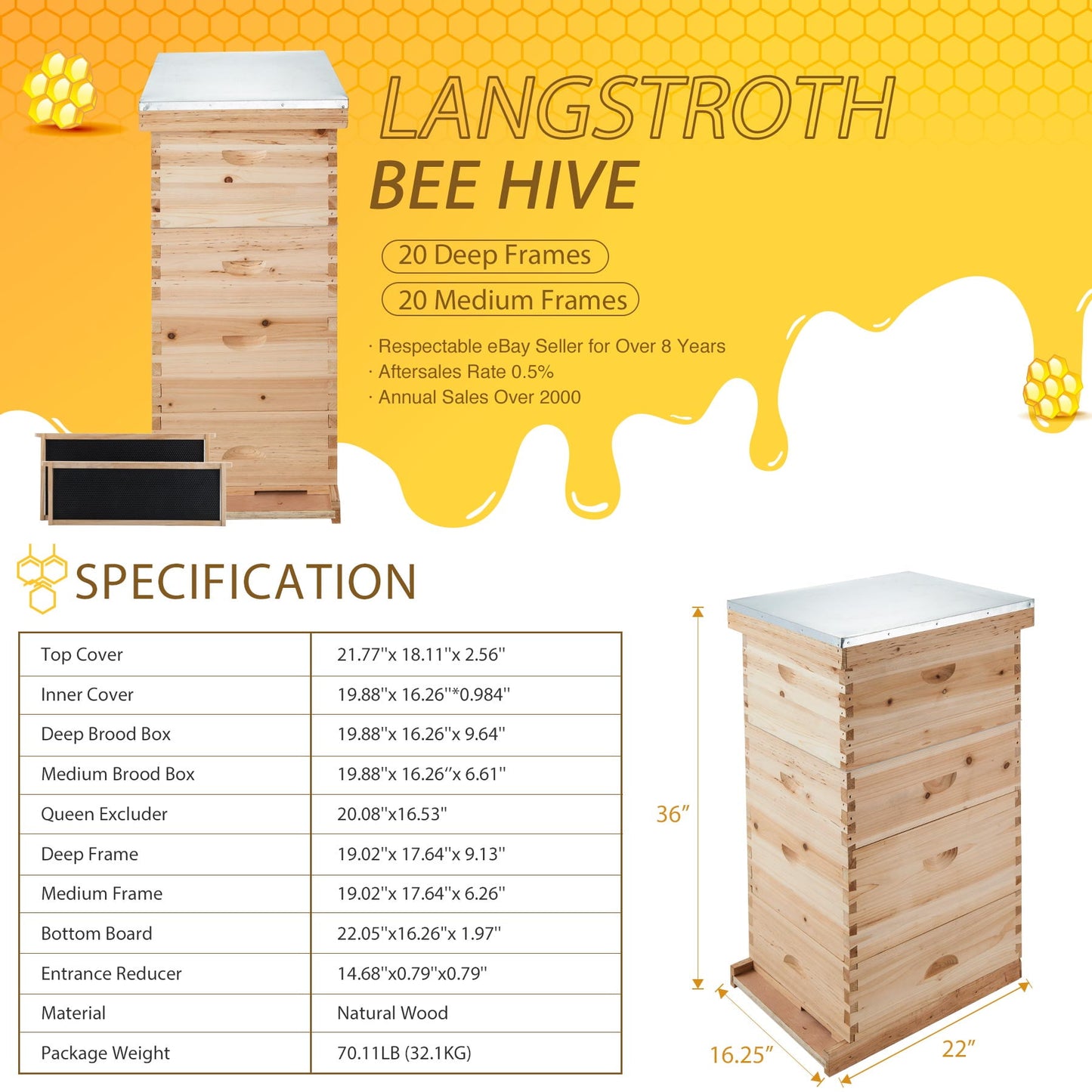 Premium Langstroth Bee Hive 8 Frame 2 Deep 2 Medium, All Frames & Foundations Included