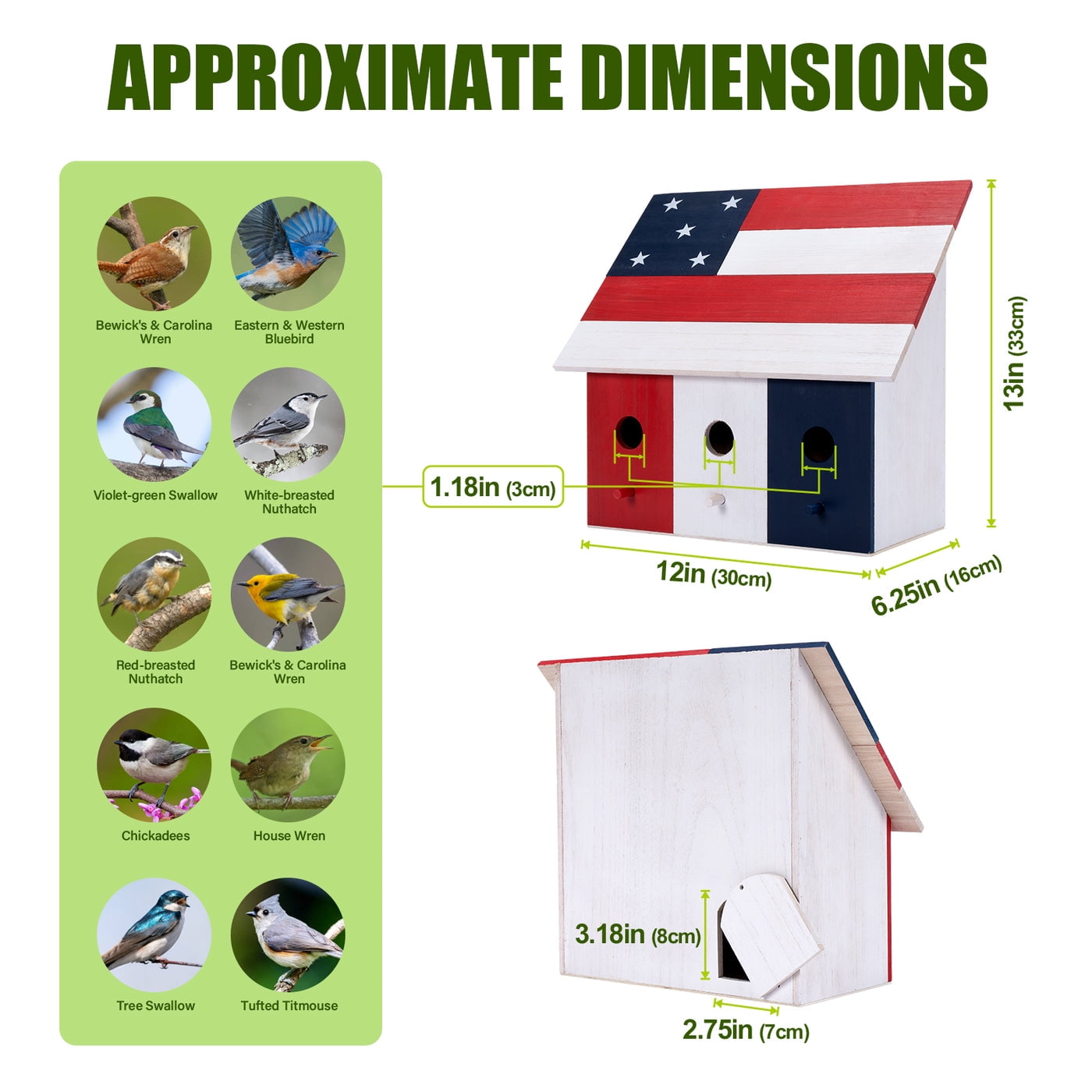 14" Americana 3 compartment Wood Birdhouse