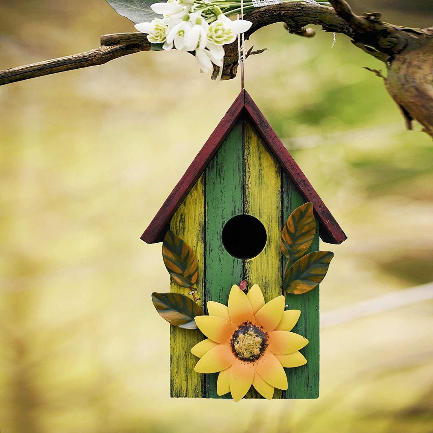 Attraction Design Rustic Decorative Bird House for Outside, Outdoor Hanging Wood Hand-Painted Bird House with Sunflower Decor, Wooden Hanging Garden Birdhouse Porch Yard Decor 9.37" x 6.38" x 4.25" (Red)