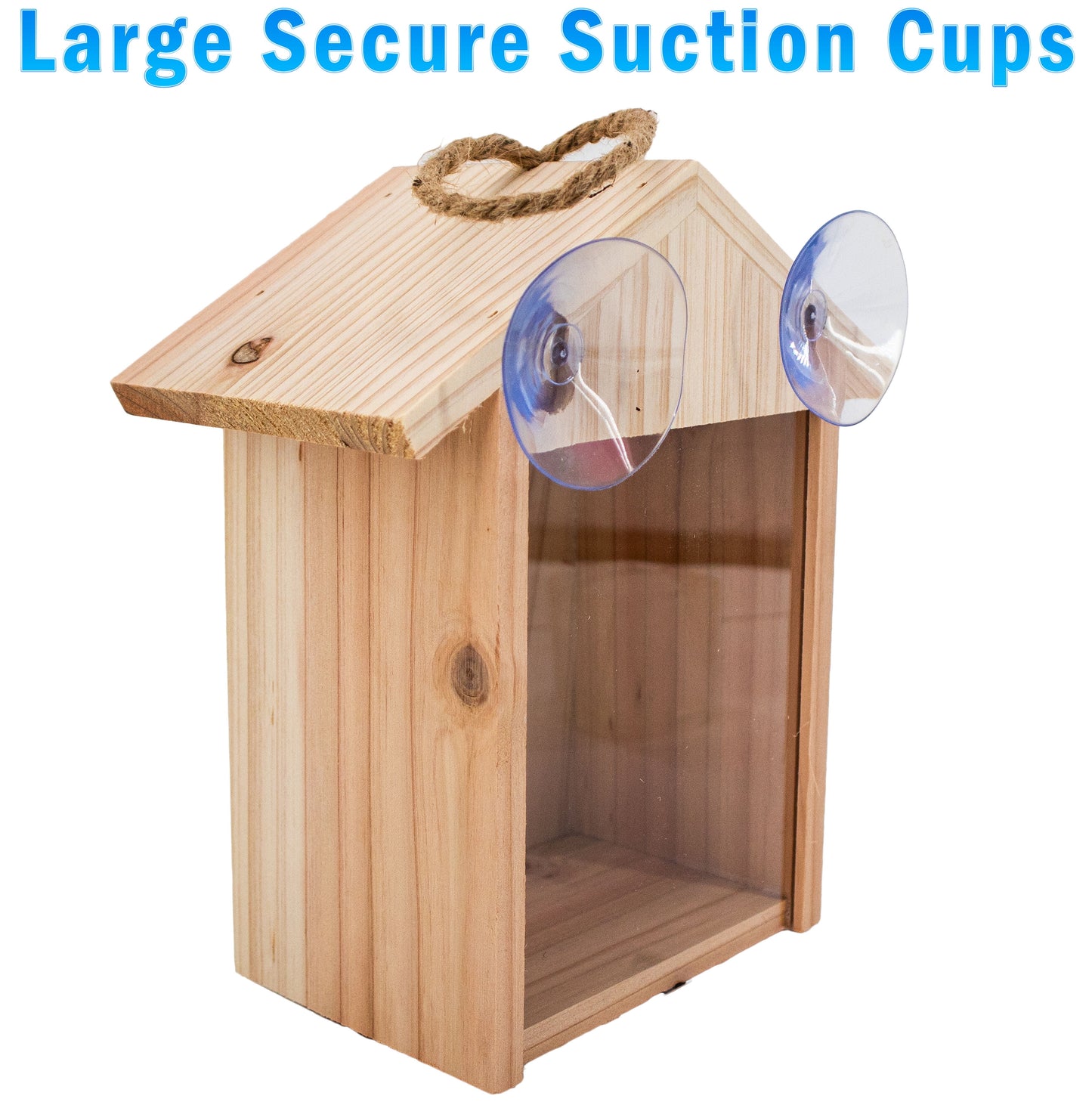 See Through Wooden Window Bird house w/ Large Suction Cups, Hanging Lanyard Rope Birdhouse, Easy Clean Spy Window Bird Nest Box - Outdoor Bird Watching, Backyard Bird Shelter