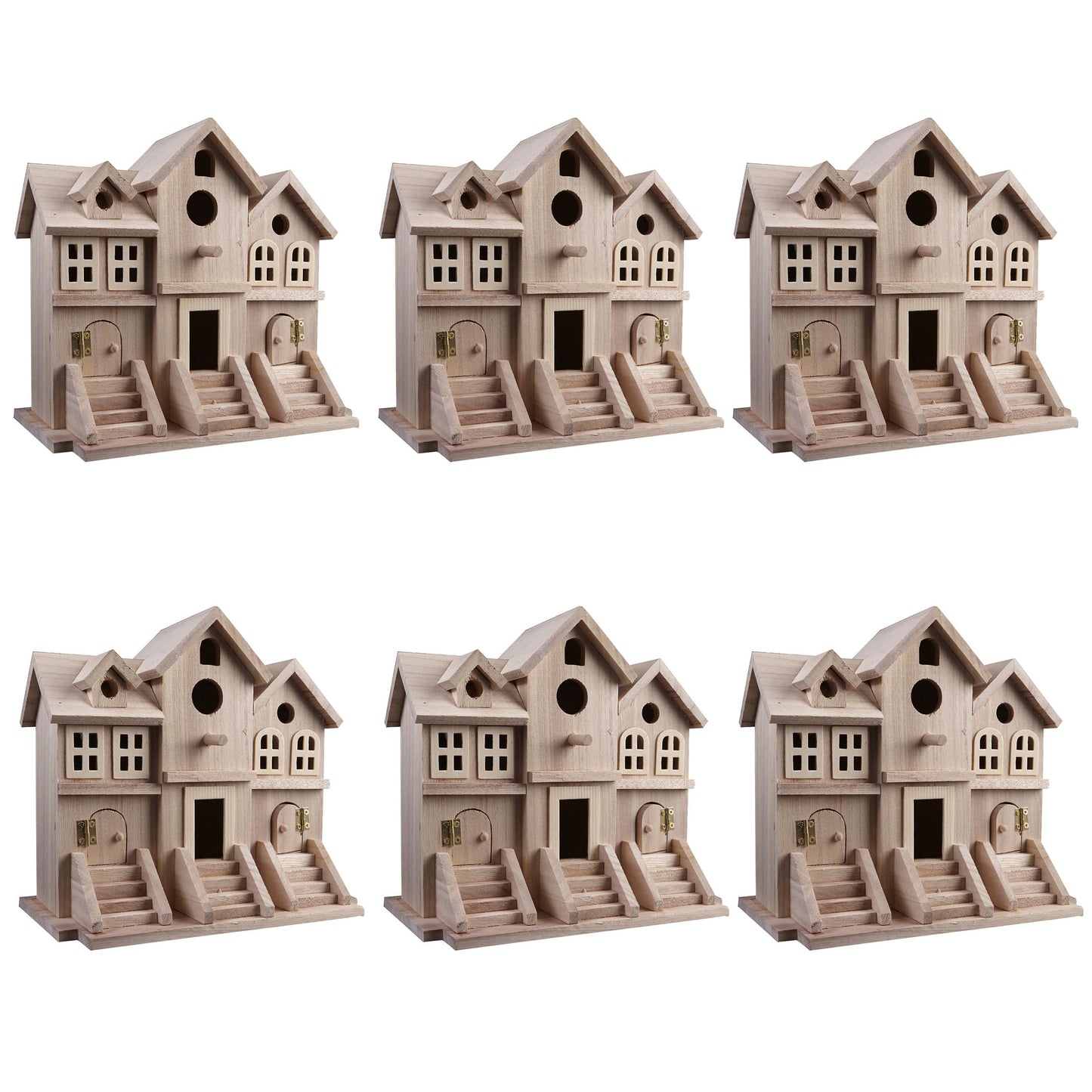 9.5" Wooden Brownstone Birdhouse with Fence by Make Market - Unfinished Birdhouse Made of 100% Wood- Bulk 6 Pack