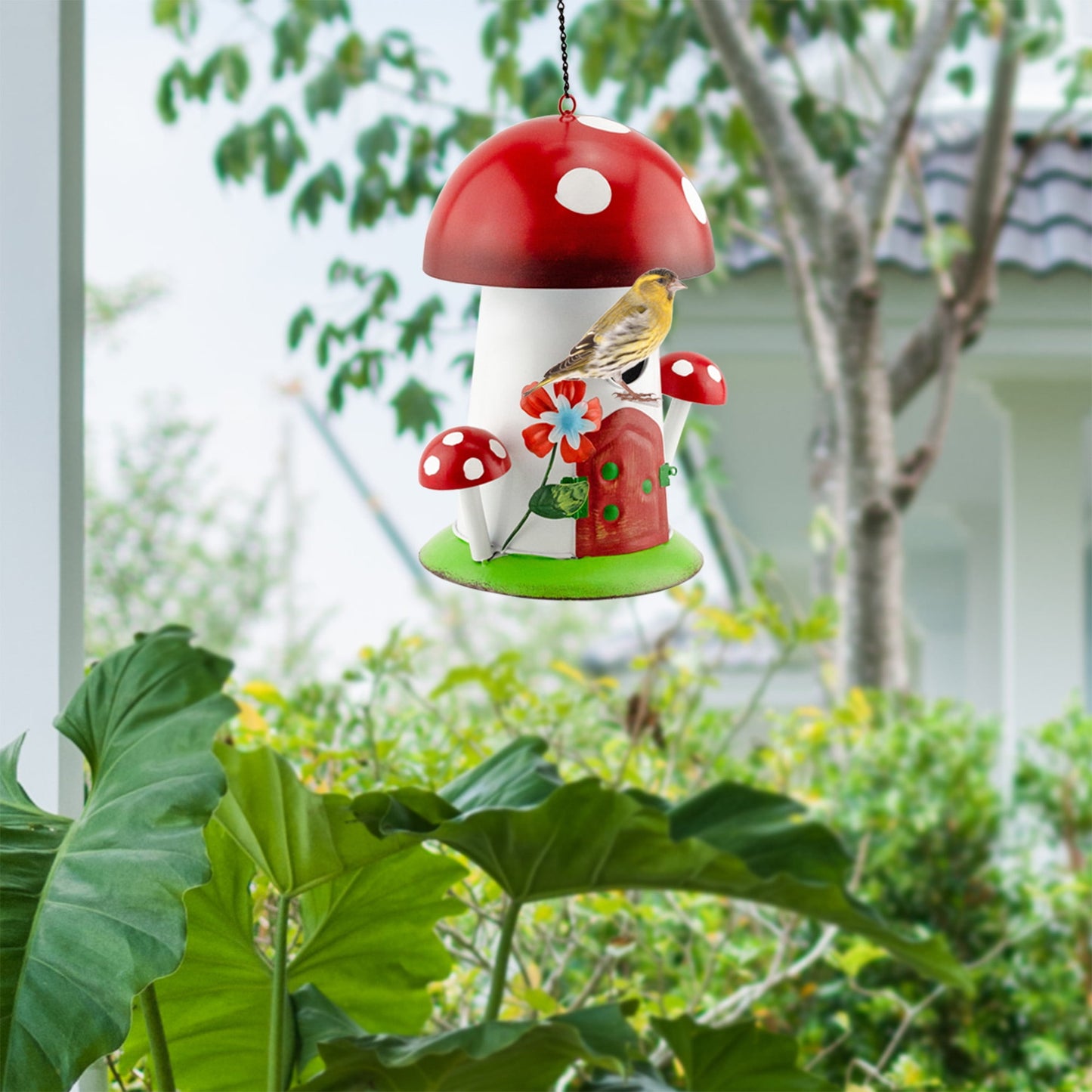 Esterno Mushroom Shaped Birdhouse; Songbird Nesting Galvanized Iron Colorful Mushroom Bird House
