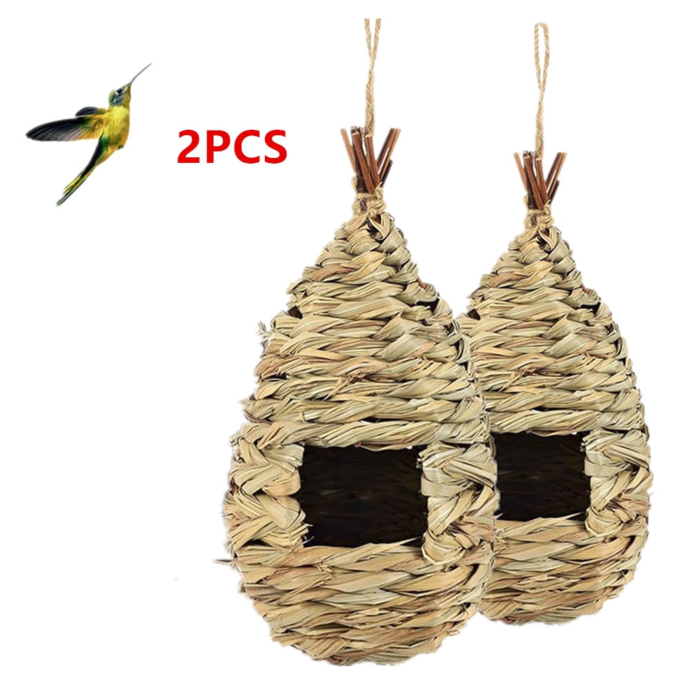 2PCS Hand Woven Hummingbird House,Bird Hut and Hummingbird Houses Nest, Small Hanging Bird & Chickadee House for Finch & Canary in Outdoor