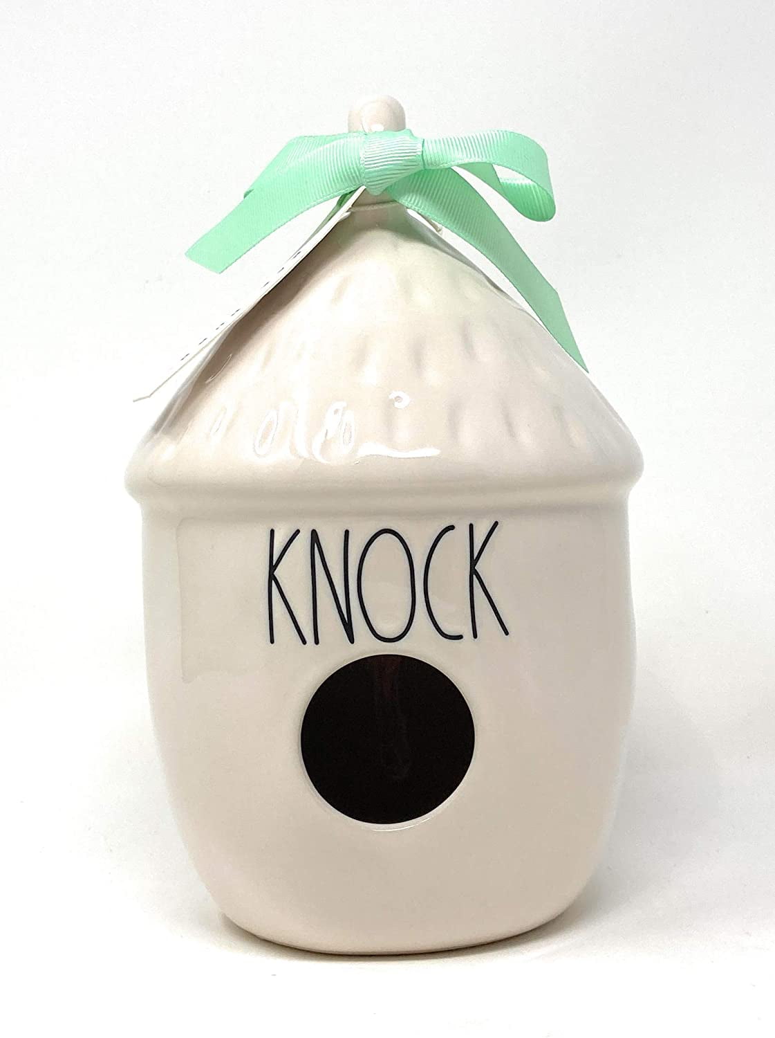 Rae Dunn Knock Ceramic LL Decorative Tiki Shaped Birdhouse with Green Ribbon
