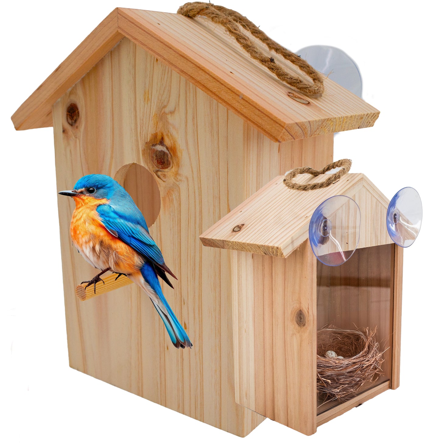 See Through Wooden Window Bird house w/ Large Suction Cups, Hanging Lanyard Rope Birdhouse, Easy Clean Spy Window Bird Nest Box - Outdoor Bird Watching, Backyard Bird Shelter