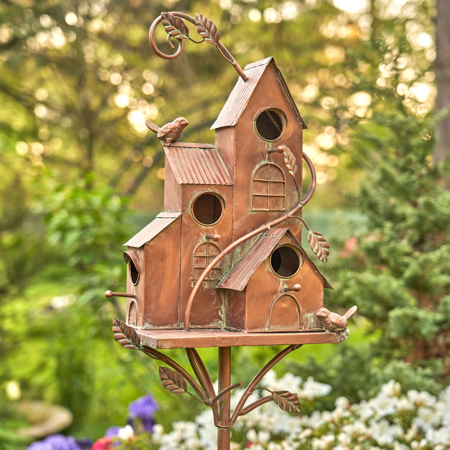 Zaer Ltd. Large Copper-Colored Multi-Birdhouse Stakes, Room for 4 Bird Families in Each