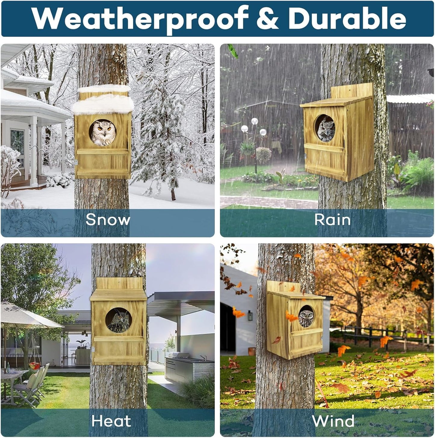 Handmade Wooden Owl House for Outdoors, Carbonized Nesting Box for Screech & Barn Owls with Water & Bait Bowl, Nesting Shavings Included, Bird House, Easy Assembly, Boxes for Outside, 14.5"x9"x7.5"