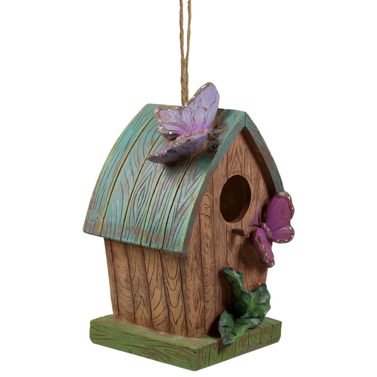 10" Brown and Green Hanging Birdhouse with Butterflies Outdoor Garden Decor