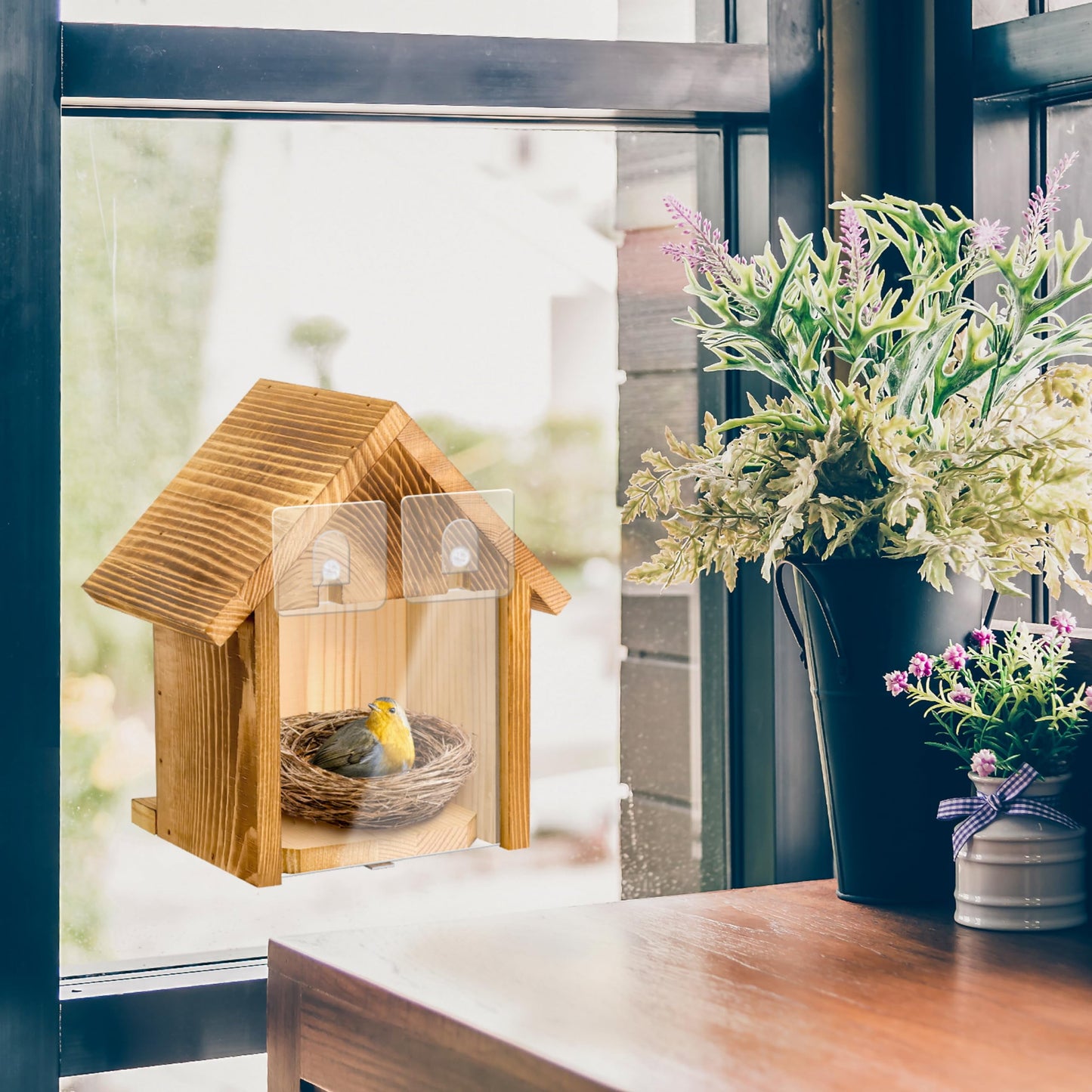 Window Bird Houses for Outside with 2 Powerful Hooks, Clear Window Bird House for Viewing Inside, Hanging Wooden Birdhouses to Paint for Outdoors, Bird Nesting Box for Bluebird Finch Chickadee