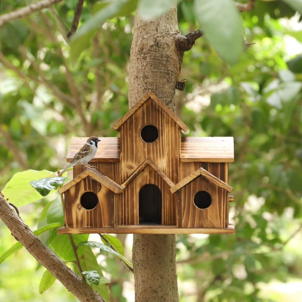 Whoamigo Wood Bird Houses Feeder 6 Holes Wooden Nest for Indoor Outdoor Garden Decoration