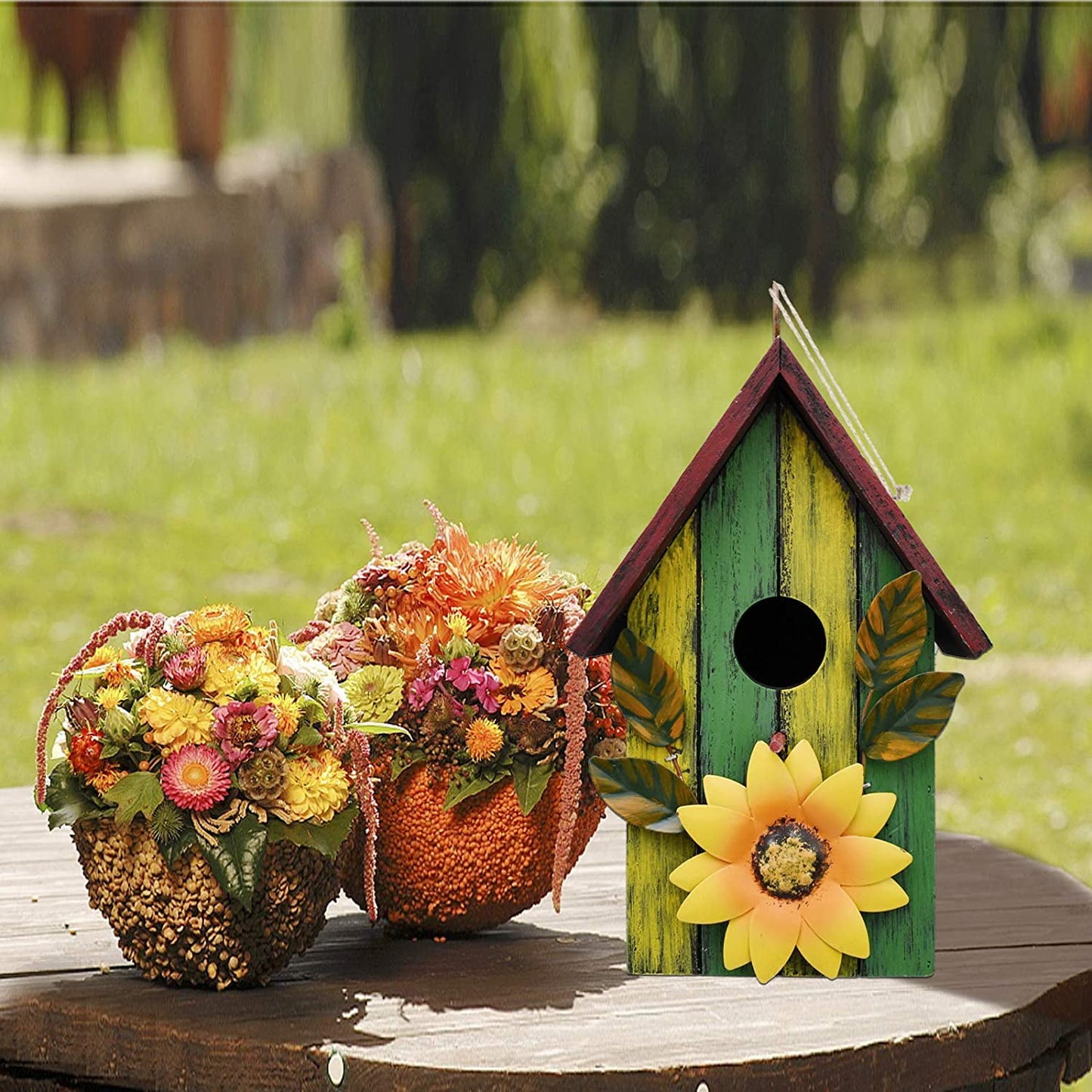 Attraction Design Rustic Decorative Bird House for Outside, Outdoor Hanging Wood Hand-Painted Bird House with Sunflower Decor, Wooden Hanging Garden Birdhouse Porch Yard Decor 9.37" x 6.38" x 4.25" (Red)