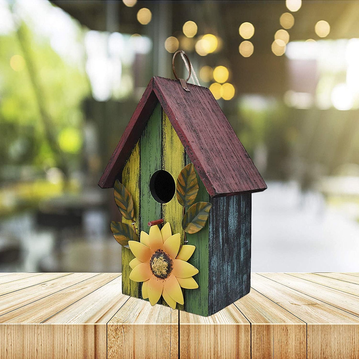 Attraction Design Rustic Decorative Bird House for Outside, Outdoor Hanging Wood Hand-Painted Bird House with Sunflower Decor, Wooden Hanging Garden Birdhouse Porch Yard Decor 9.37" x 6.38" x 4.25" (Red)
