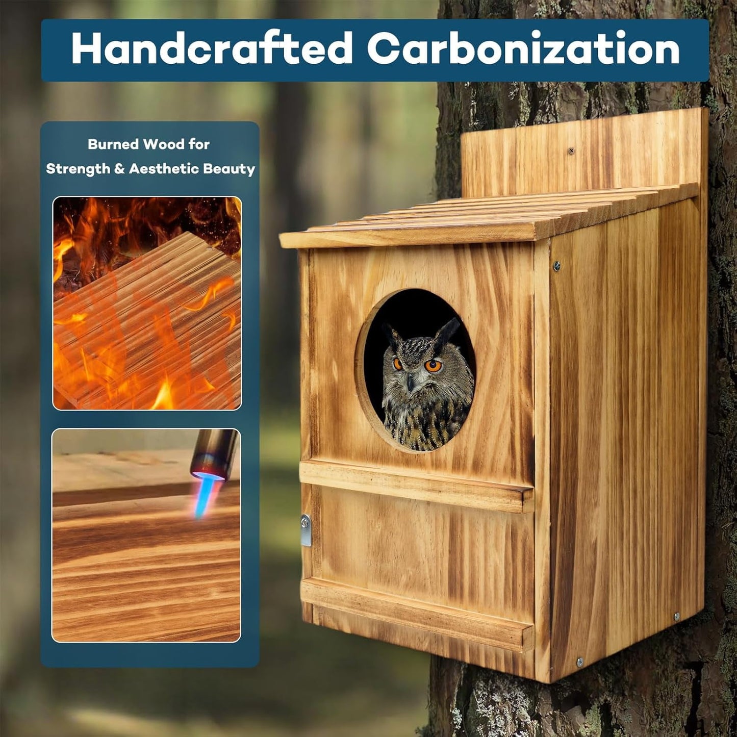 Handmade Wooden Owl House for Outdoors, Carbonized Nesting Box for Screech & Barn Owls with Water & Bait Bowl, Nesting Shavings Included, Bird House, Easy Assembly, Boxes for Outside, 14.5"x9"x7.5"