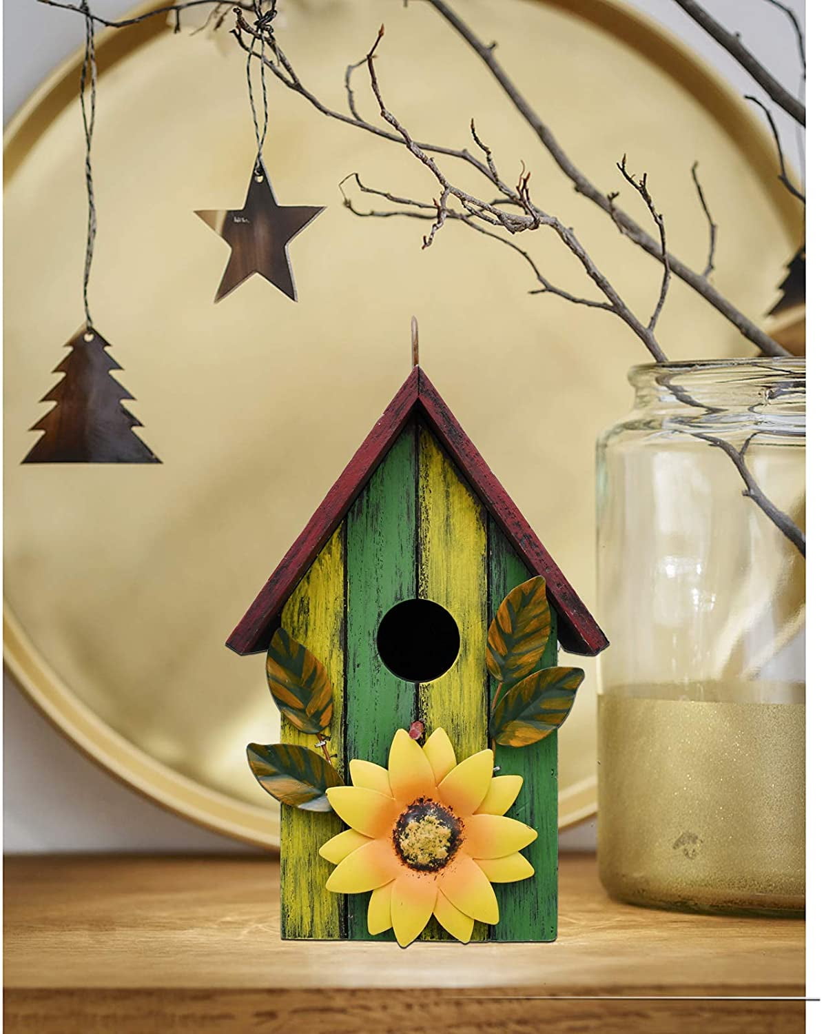Attraction Design Rustic Decorative Bird House for Outside, Outdoor Hanging Wood Hand-Painted Bird House with Sunflower Decor, Wooden Hanging Garden Birdhouse Porch Yard Decor 9.37" x 6.38" x 4.25" (Red)