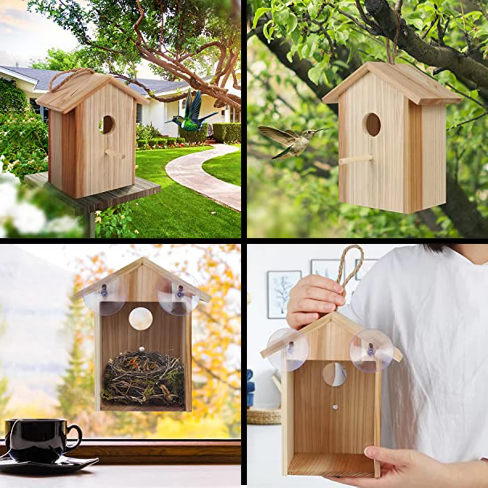 Window Bird House See Through Birdhouse for Viewing Wooden Birdhouse with Strong Suction Cups, Bird Nesting Box Transparent Design for Easy Observation, Best Gift for Kids