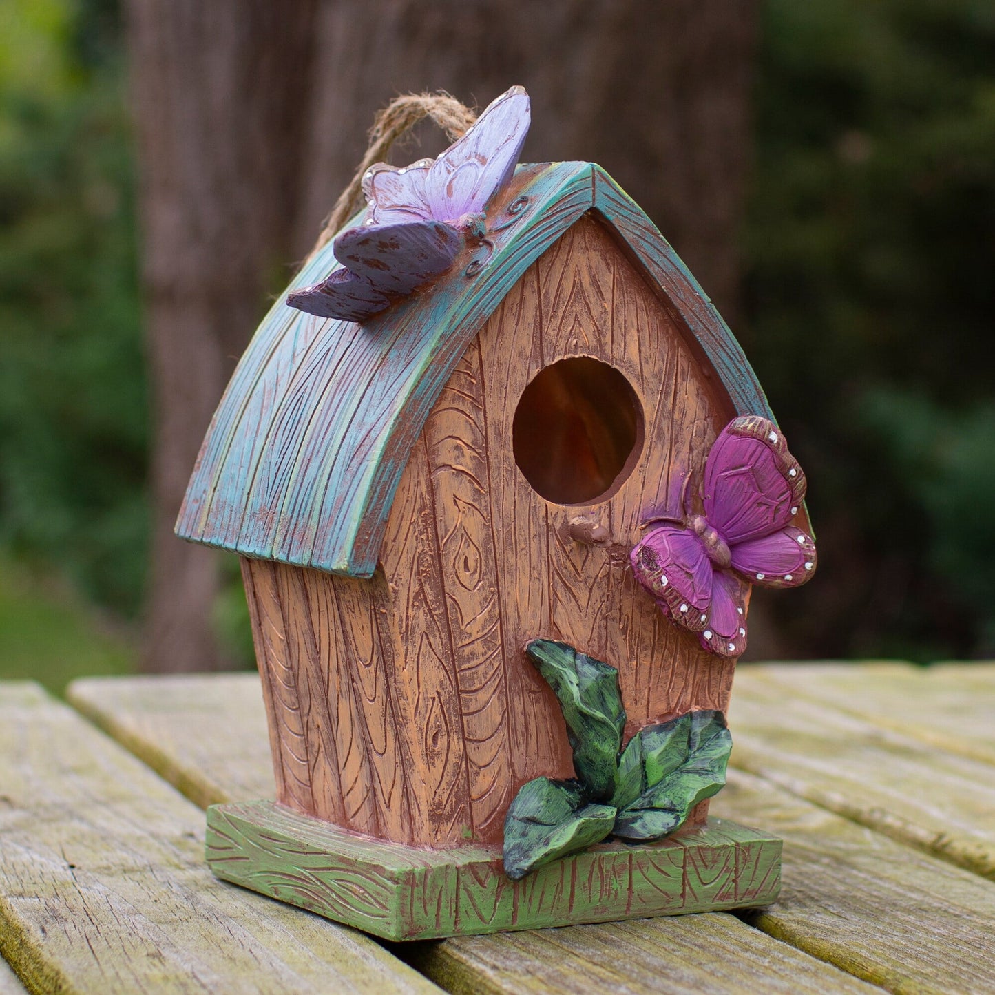 10" Brown and Green Hanging Birdhouse with Butterflies Outdoor Garden Decor