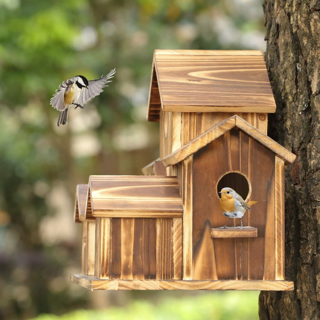 Whoamigo Wood Bird Houses Feeder 6 Holes Wooden Nest for Indoor Outdoor Garden Decoration