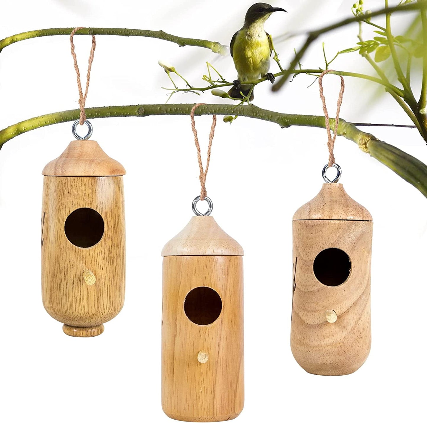 DERCLIVE 3Pcs Natural Wood Hummingbird House,Outside Hummingbird Houses, Hanging Hummingbird Nest for Nesting