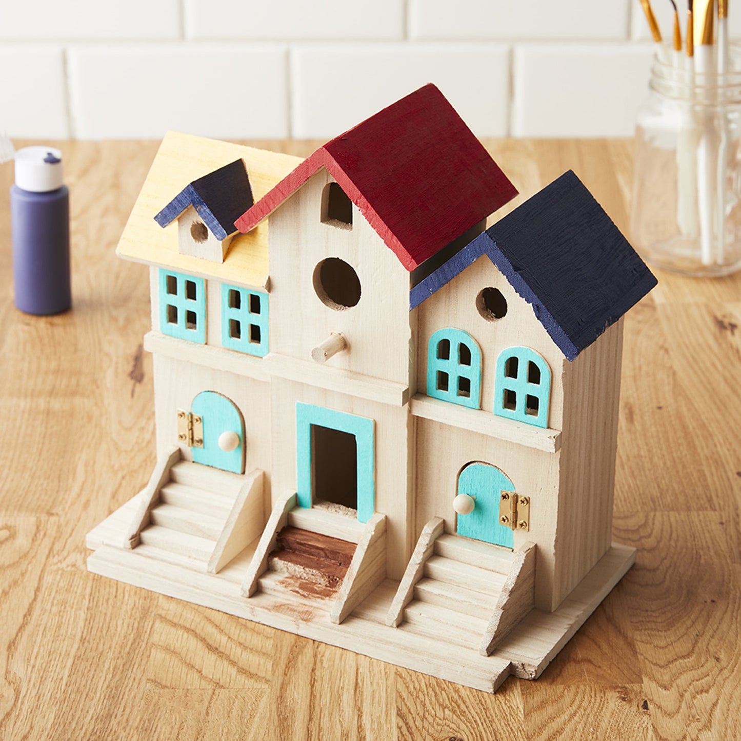 9.5" Wooden Brownstone Birdhouse with Fence by Make Market - Unfinished Birdhouse Made of 100% Wood- Bulk 6 Pack
