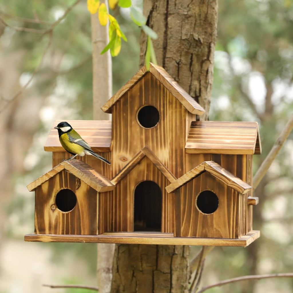 Whoamigo Wood Bird Houses Feeder 6 Holes Wooden Nest for Indoor Outdoor Garden Decoration