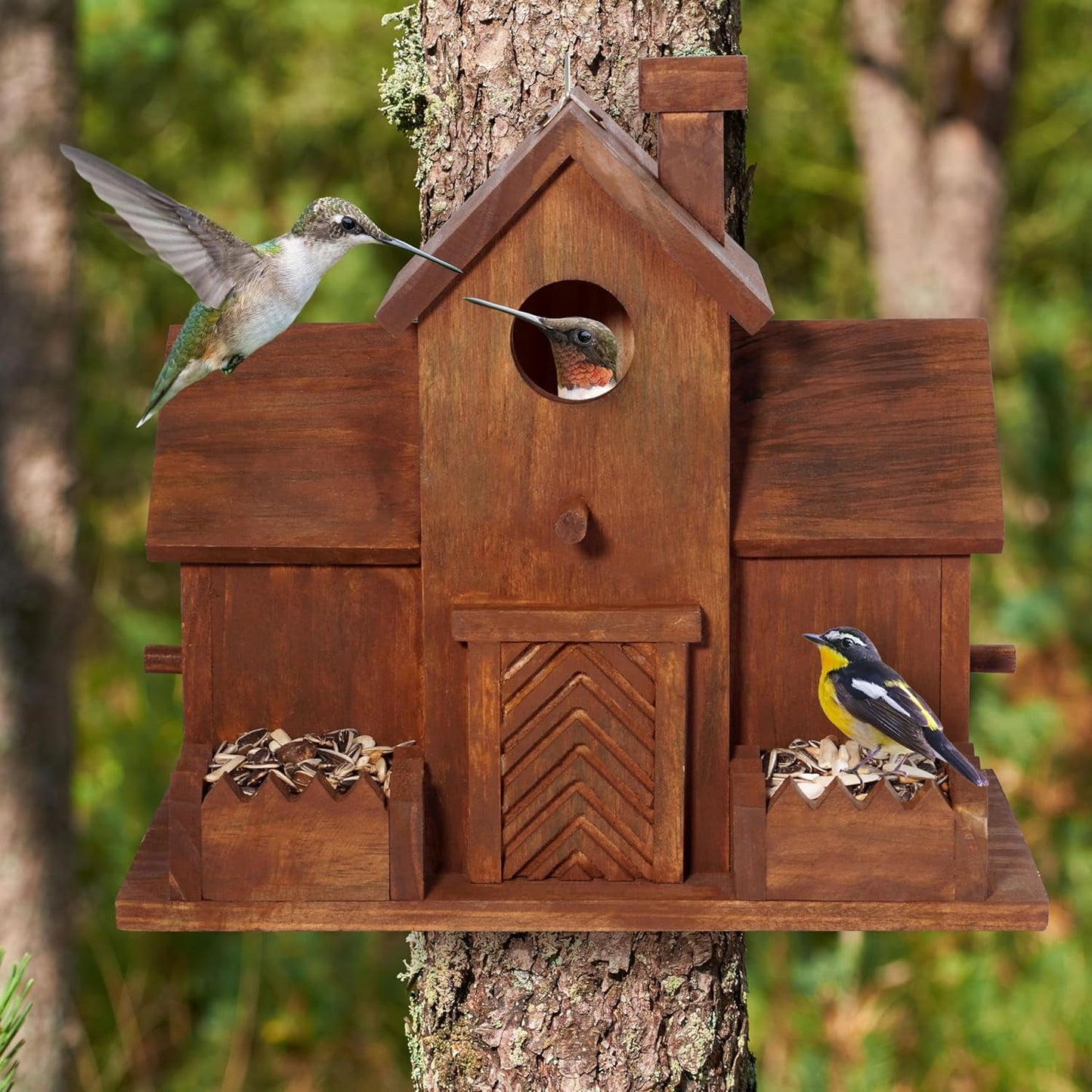 VASGOR Bird Houses for Outside with Bird Feeder, Outdoor 3 Hole Bird House Room for 3 Bird Families Bluebird Finch Cardinals Hanging Birdhouse for Garden