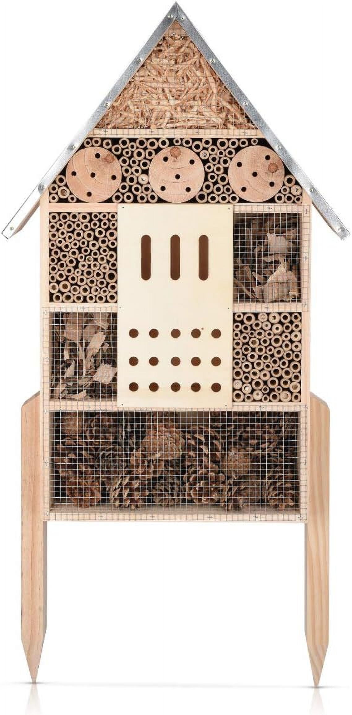 Navaris Wooden Insect House with Stakes - Extra Large Brown Butterfly Hibernation Box with 1x Hotel & 2x Stakes (1 Pack)