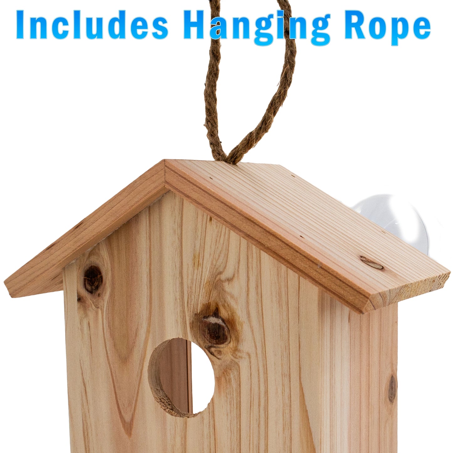 See Through Wooden Window Bird house w/ Large Suction Cups, Hanging Lanyard Rope Birdhouse, Easy Clean Spy Window Bird Nest Box - Outdoor Bird Watching, Backyard Bird Shelter