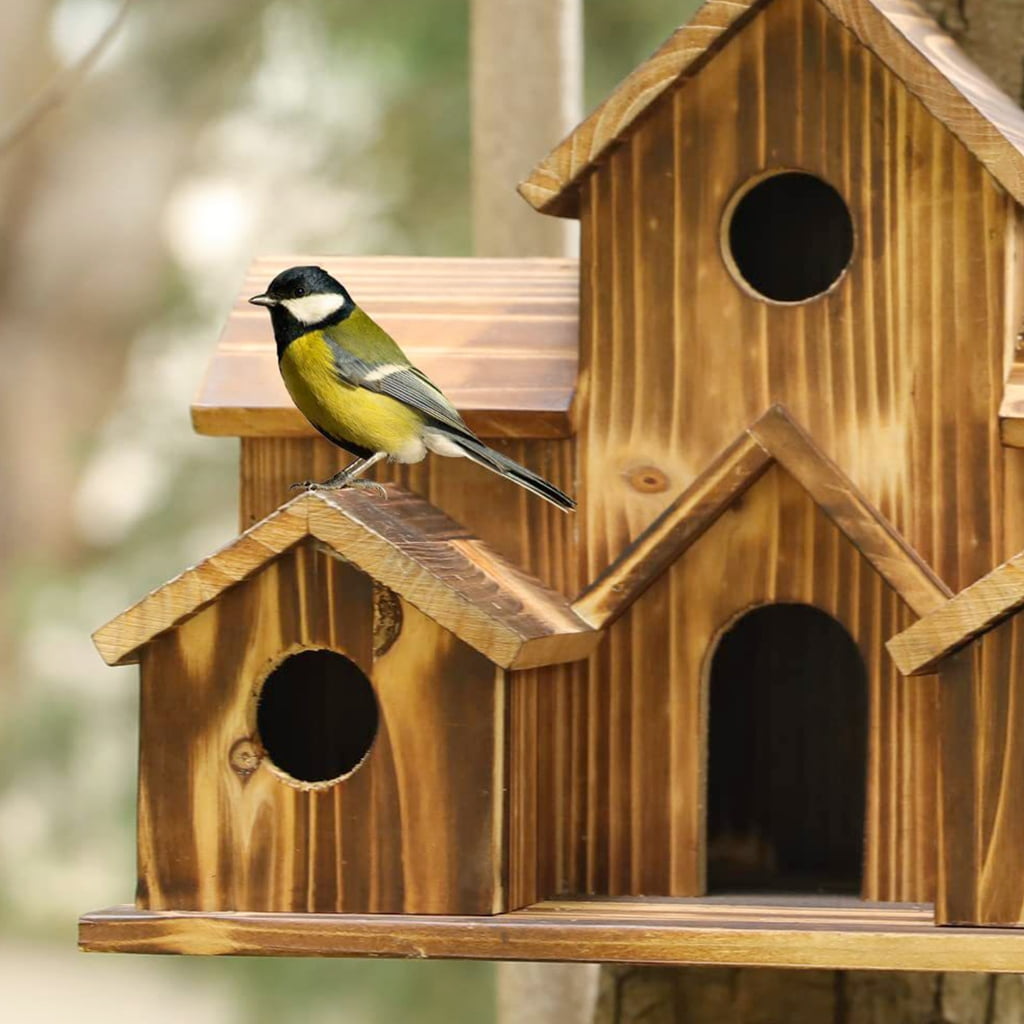Whoamigo Wood Bird Houses Feeder 6 Holes Wooden Nest for Indoor Outdoor Garden Decoration