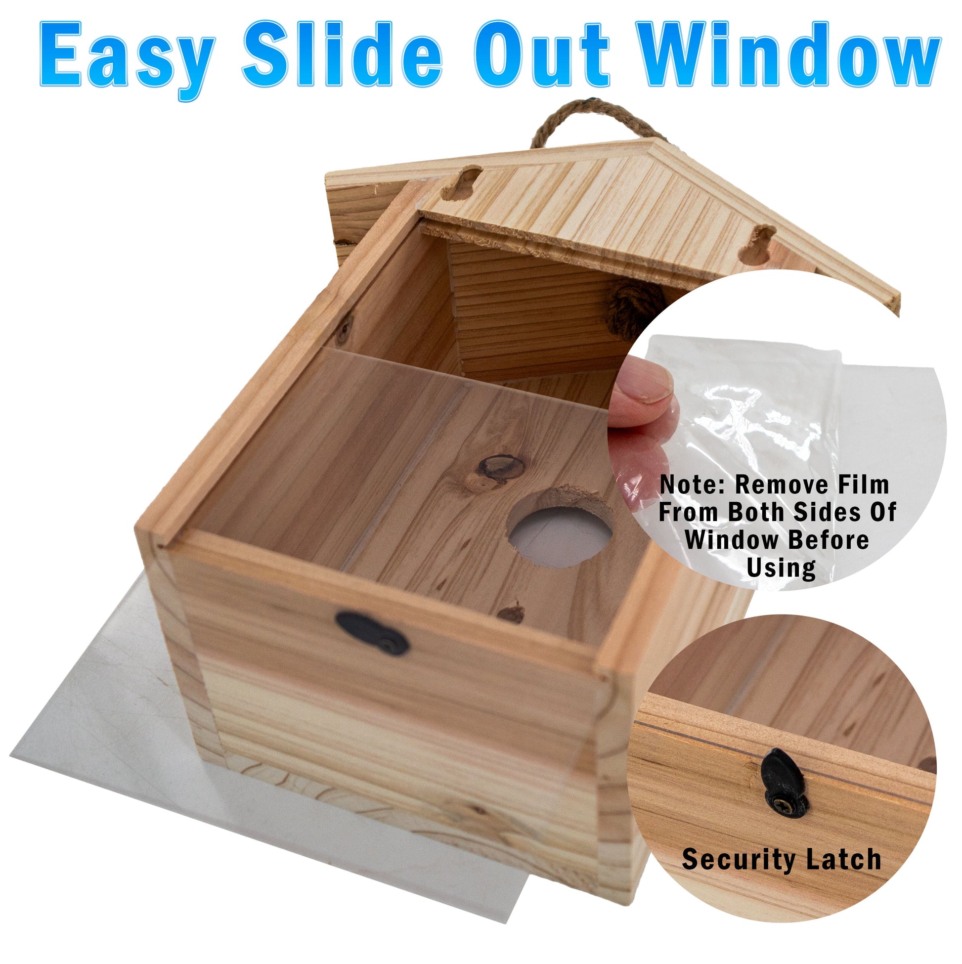 See Through Wooden Window Bird house w/ Large Suction Cups, Hanging Lanyard Rope Birdhouse, Easy Clean Spy Window Bird Nest Box - Outdoor Bird Watching, Backyard Bird Shelter