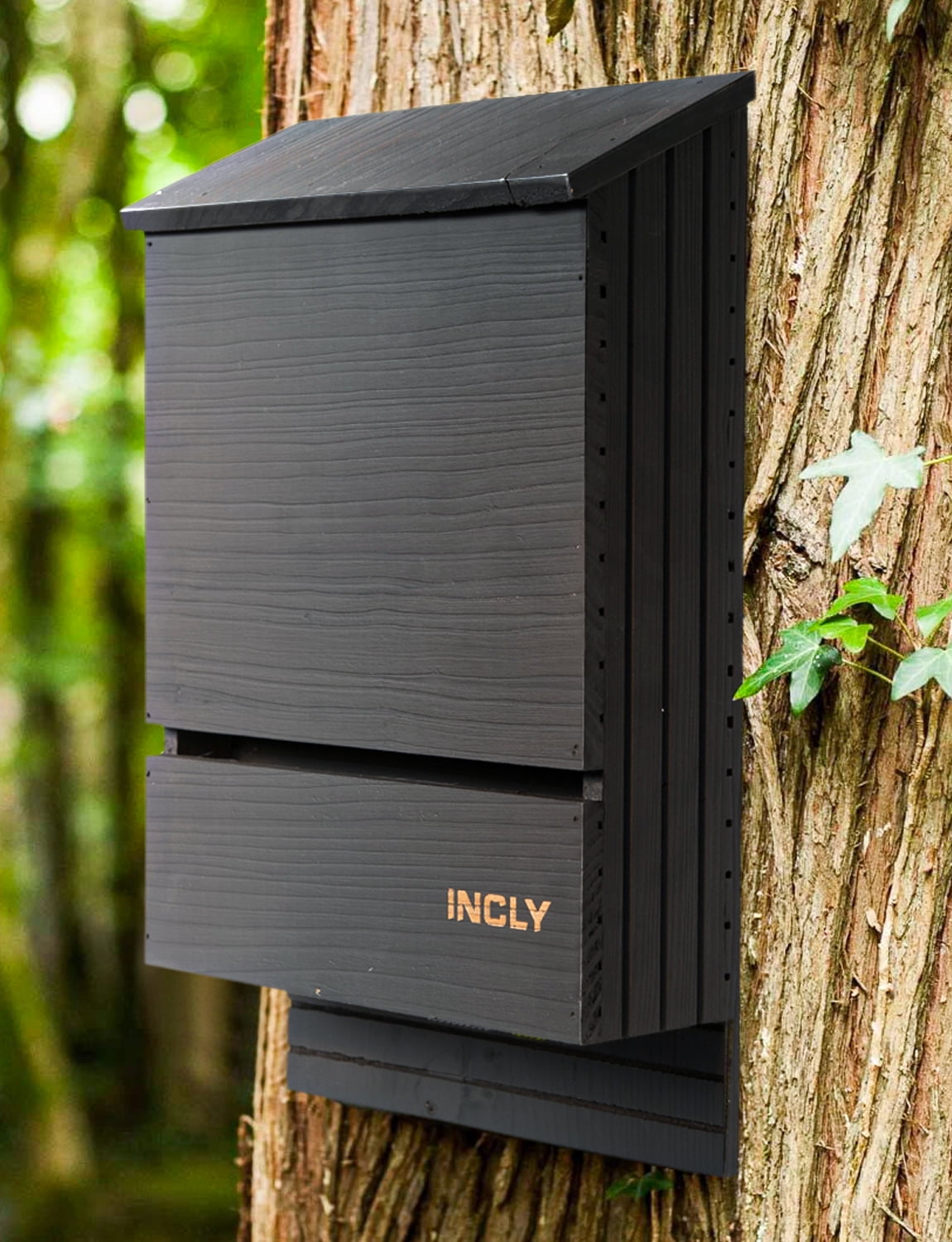 INCLY Bat House for Outdoors 15"x9.2"x3.2" Shelter Box Kit Double Chamber Black Natural Cedar Wood, Pre-Finished Easy to Install