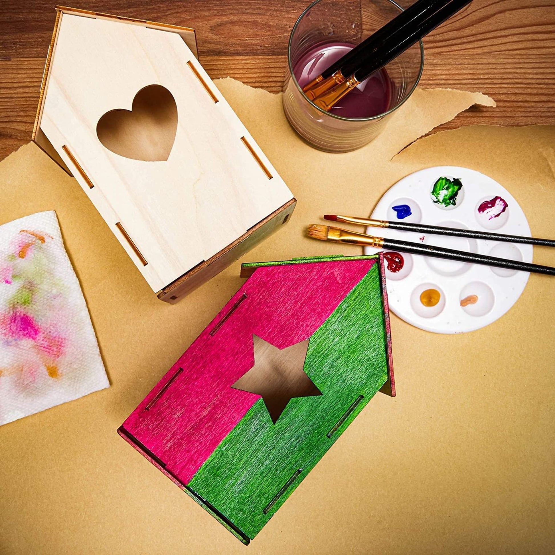 Mini Wood Bird Houses for DIY Crafts (4 Designs, 8 Count)