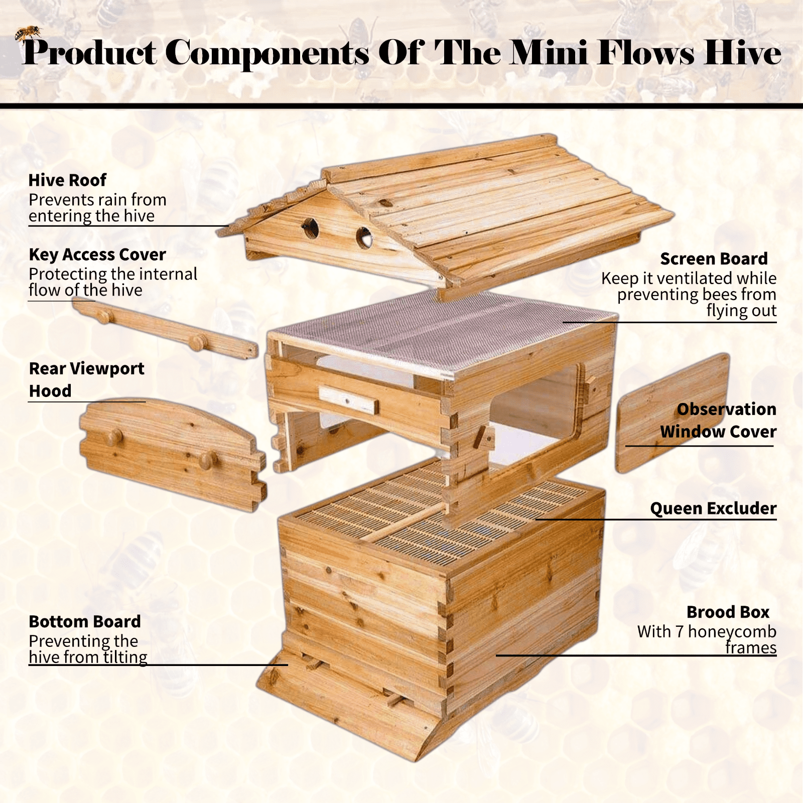 AUSHIVE Home of the Bees Decorative Cedarwood Bee Habitat Combo Pack with 7 Automatic Hive Frames, Wood Colour