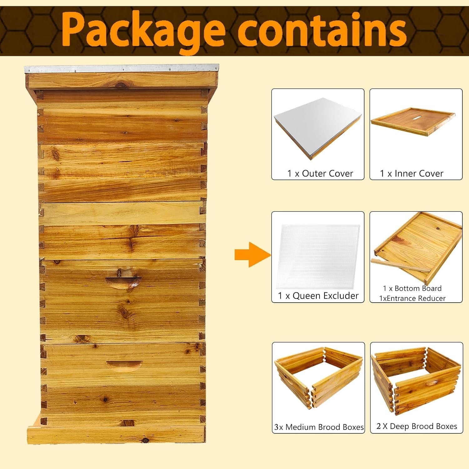 5 Layer Beehive, Bee Hive Dipped in 100% Beeswax, Include Queen Excluder & Foundation & Cover (2 Deep Hive Bee Box & 3 Super Bee Hive) Frameless