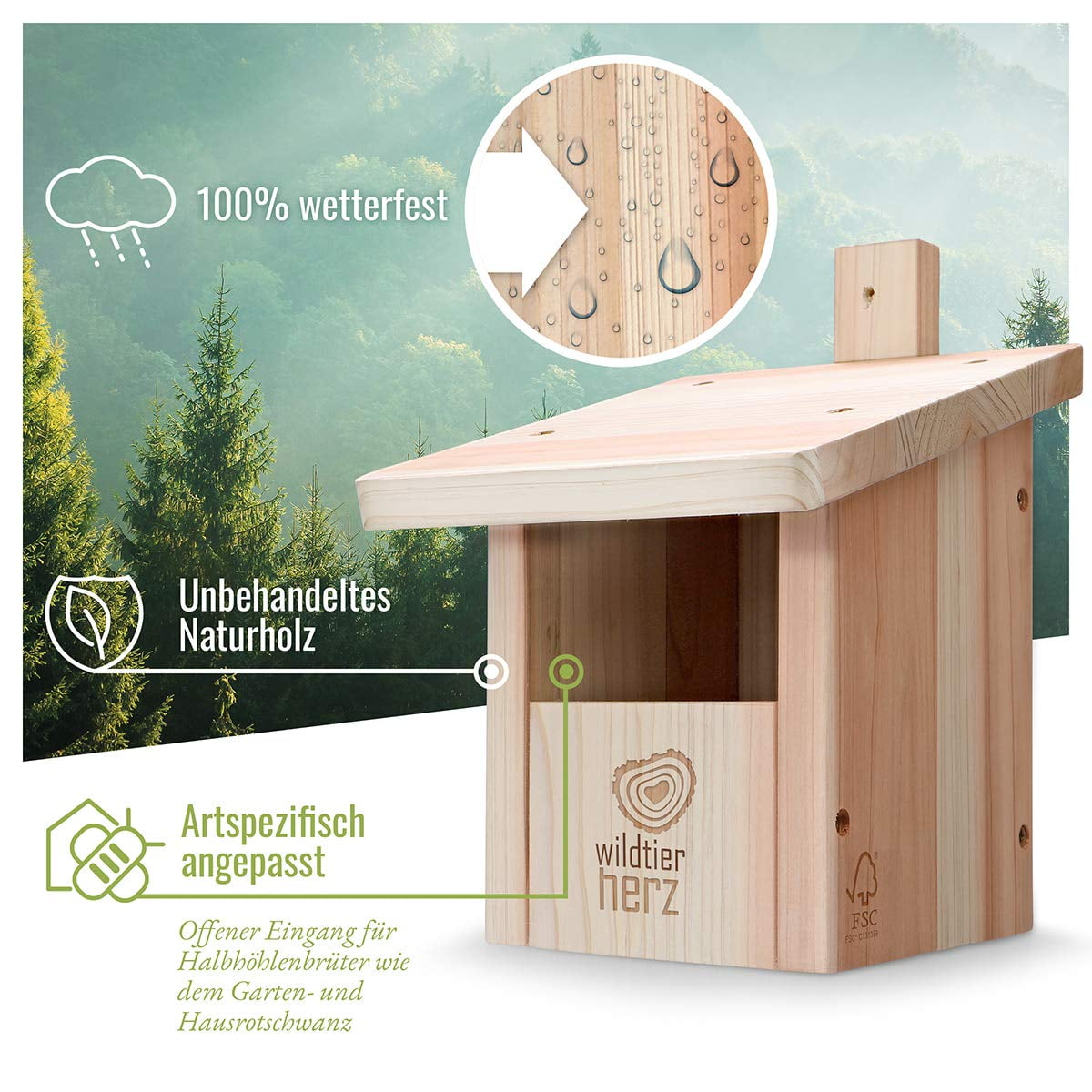 Wildtier Herz Nesting Box For Half-cave Breeders - Bird Box, Nest Box, Solid Wood Untreated Weatherproof, Bird Nesting Box For Garden, Bird House And Breeding Box For Redtails