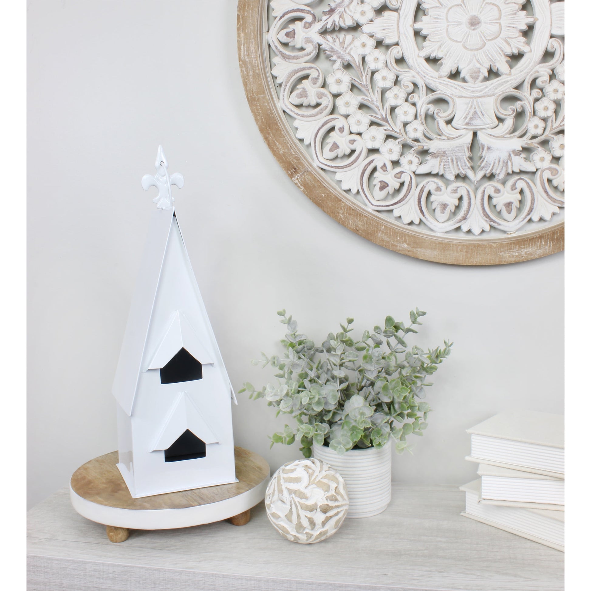 AuldHome Design Enamel Coated Decorative Birdhouse; White Farmhouse Birdhouse for Indoors or Outdoors