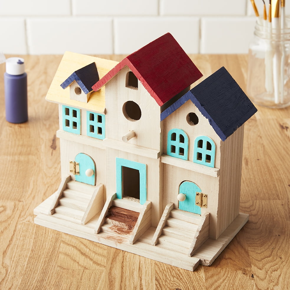 9.5" Wooden Brownstone Birdhouse with Fence by Make Market - Unfinished Birdhouse Made of 100% Wood - Outdoor Nesting Boxes - 1 Pack